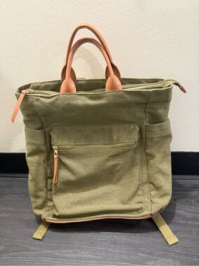 Universal Thread Olive Canvas Backpack Tote with Tan Leather Handles